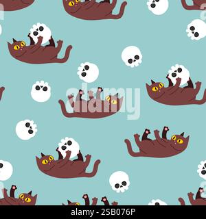 Cat plays with skull pattern seamless. Cat and skeleton head background. Stock Vector