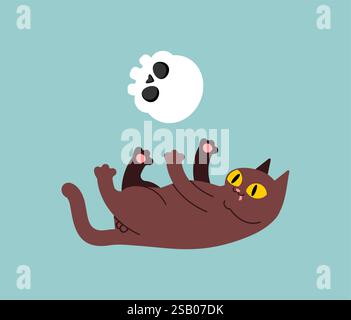 Cat plays with skull. Cat and skeleton head. Stock Vector
