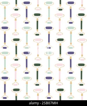 Vector seamless pattern of colored hand drawn doodle sketch gua sha face massage roller isolated on white background Stock Vector