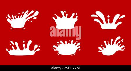 Milks splash for health food store, dairy logo vector label. White milk splash set on red background. Stock Vector