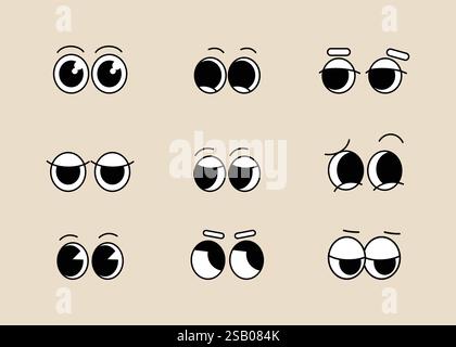 Set of groovy comic faces vector. Collection of cartoon character faces. Eyes Expression on Background vector illustration. Stock Vector