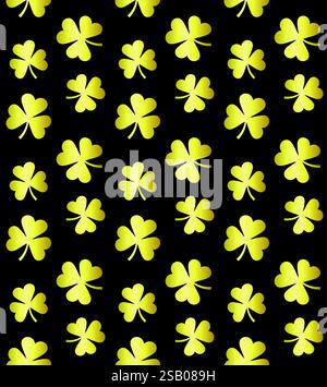 Vector seamless pattern of golden clover shamrock silhouette isolated on black background Stock Vector