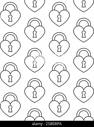 Vector seamless pattern of flat outline heart lock isolated on white background Stock Vector