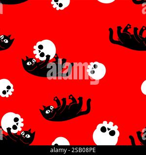 Cat plays with skull pattern seamless. Cat and skeleton head background. Stock Vector