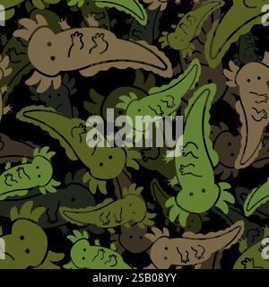 Axolotl Military pattern seamless. Little Amphibian Salamander Army background. Texture khaki, green hunting uniform Stock Vector