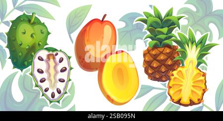 Tropical fruits collection with whole and sliced soursop, fresh orange mango cut in half, golden pineapple cross section on decorative leafy background. Exotic illustration for natural food packaging. Stock Vector