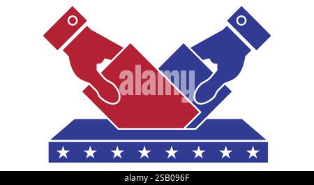 Voting. Two hands, blue and red, drop a ballot into the ballot box. American elections. Flat vector illustration isolated on white background. Stock Vector