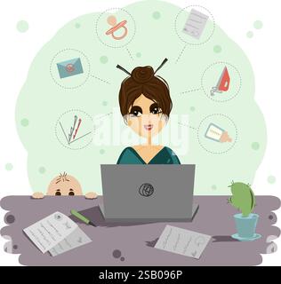 A woman working at a laptop with a baby peeking out from behind her desk. Around the woman are icons symbolizing different aspects of her life Stock Vector