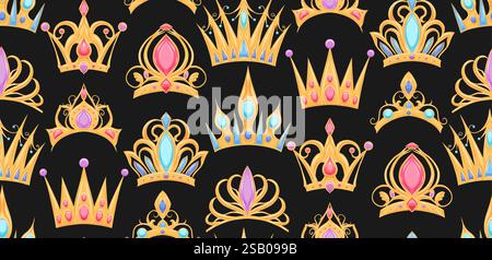 Vector seamless pattern with golden crowns in row on dark background. Luxury texture with royal insignia. Rich wallpaper with tiaras for princesses an Stock Vector