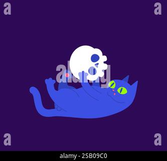 Cat plays with skull. Cat and skeleton head. Stock Vector