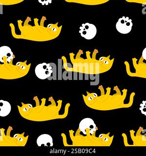 Cat plays with skull pattern seamless. Cat and skeleton head background. Stock Vector