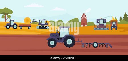 Agricultural machinery operating in a farm field, featuring a tractor plowing, a bulldozer moving hay bales, and a combine harvester unloading grain, Stock Vector
