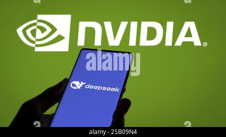 DeepSeek and NVIDIA logos are displayed on Smartphone screen, representing AI technology and the semiconductor industry Stock Photo