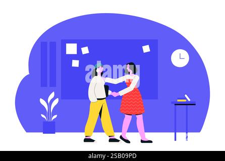 Two businesswomen shaking hands after reaching an agreement in a modern office, celebrating their teamwork and problem solving skills in a dynamic and Stock Vector