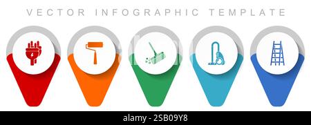 House services pointer collection, miscellaneous icons such as plug, paint roller, broom, vacuum cleaner and ladder, flat design vector infographic te Stock Vector