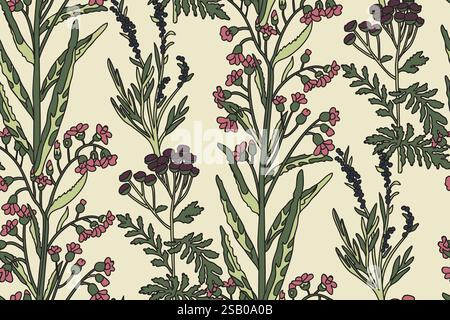 Botanical abstract seamless plant pattern with wildflowers vector illustration. Repeating retro floral print in beige pastel colors background. Graphi Stock Vector