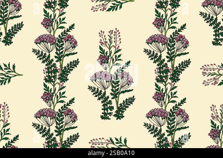 Botanical abstract plant seamless pattern with Hydrangea vector illustration. Repeating retro floral pattern in beige pastel colors background. Graphi Stock Vector