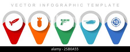 War pointer collection, miscellaneous icons such as missle, bomb, gun, tank and target, flat design vector infographic template in eps 10 Stock Vector