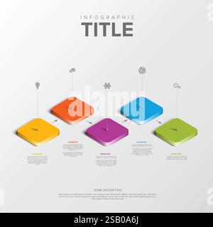 Light infographic displays a 3D layout with five colorful steps in orange, yellow, purple, blue, and green. Each step features icons and text for pres Stock Vector