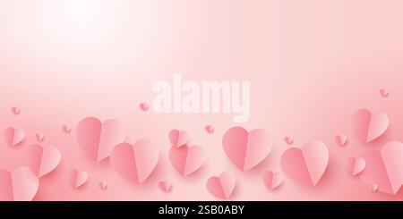 Valentines hearts postcard. Paper flying elements on pink background. Vector symbols of love in shape of heart for Happy Women's, Mother's, Valentines Stock Vector