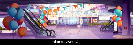 Mall entrance hall decorated for mega sale or anniversary event - festive interior with colorful balloons, triangle flags, falling confetti and discount banners. Shopping center celebration on holiday Stock Vector