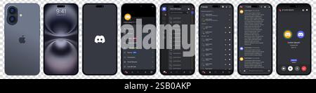 Discord screen in gray Iphone 16. Discord mobile application from Microsoft Corporation on a smartphone. Set social network mockup template on isolate Stock Vector