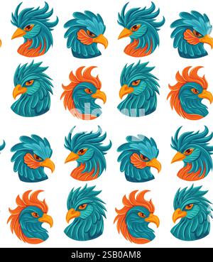 Vector seamless pattern with blue bird on white background. Texture with parrot heads in cartoon fantasy style. Textile with hand drawn macaws Stock Vector