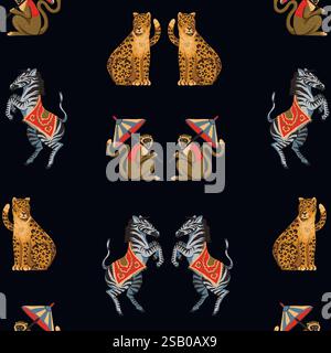 Seamless pattern with zebra, leopard and monkey. Vector. Stock Vector