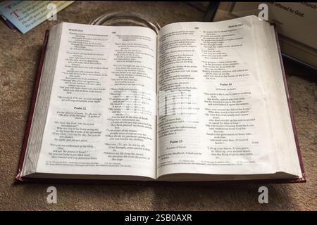 Psalm 23 laid open  for visitors to read at St Michael and all Angels church near Linton in the Yorkshire Dales Stock Photo