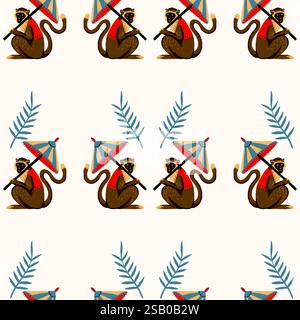 Seamless pattern with monkeys and umbrella. Vector. Stock Vector