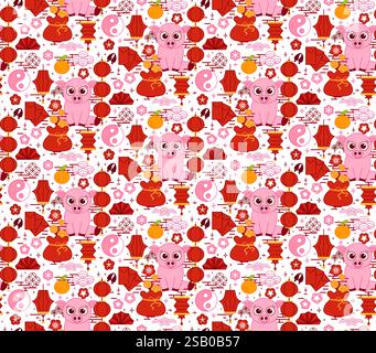 graphic line vector style CNY 2031 pig seamless pattern. vector illustration summer festival lantern lunar chinese new year Stock Vector