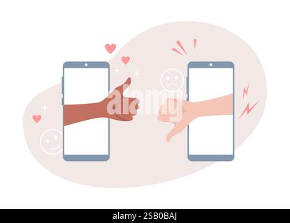 Two hands showing thumbs up and thumbs down gestures from the smartphone screens. Communication and expressing opinions in social media. Flat vector i Stock Vector