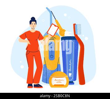 Dentist presenting an oral irrigator, electric toothbrush, toothpaste, dental floss, and mouthwash, emphasizing their importance for effective teeth c Stock Vector