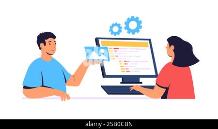 Two web developers are creating a mobile web page, one is adding an image while the other is writing code on the computer with gears symbolizing setti Stock Vector