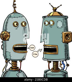 Communication interaction of robots with each other. Development of AI in vintage style. Cyborg friends communicate and text clouds. Stock Vector