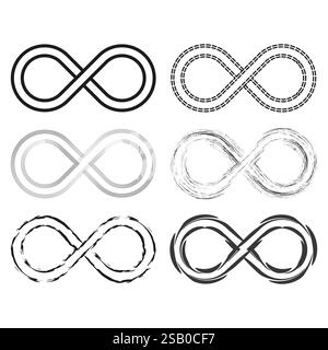 Infinity symbol variations. Loop shapes design. Distressed and clean lines. Black and white style. Stock Vector