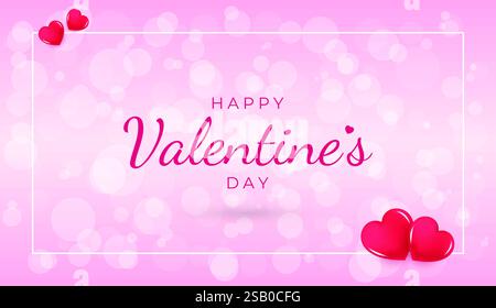 Valentines Day white bokeh dots on pink background with red hearts and frame, greeting cards, wedding invitation, gift packages. Celebration backdrop. Stock Vector