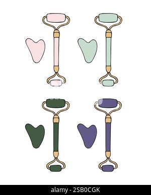 Vector set bundle of colored hand drawn doodle sketch gua sha face massage roller isolated on white background Stock Vector
