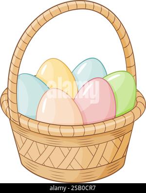 Cartoon Basket with easter eggs doodle style. Happy easter Hand drawn cartoon trendy flat style isolated icon. Springtime holiday gift. Easter basket Vector illustration Stock Vector