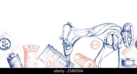 Sewing craft supplies. Vintage retro sewing machine, thread floss bobbins, fabric, buttons. Hand drawn ink vector illustration. Isolated seamless Stock Vector