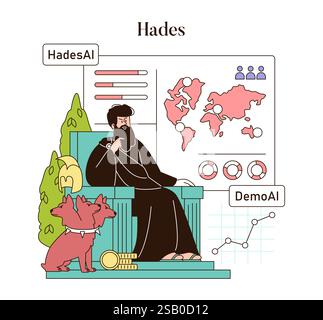 Olympic Gods Synergy AI concept. Hades presides over an infographic blending mythology with modern technology. Ancient deity meets artificial intelligence. Vector illustration. Stock Vector