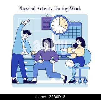 Promoting physical activity during work hours fosters a healthier workplace environment. Individuals engage in stretching and light exercises, emphasizing well-being and teamwork. Simple office activities can enhance productivity and morale, creating an energetic atmosphere. Vector illustration. Stock Vector