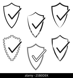 Shield with check. Vector emblem symbol. Decorative outlined design. Black and white illustration. Stock Vector