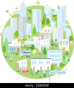 Green and buildings - cityscape and people walking vector illustration - people in the earth - spring backgrounds Stock Vector