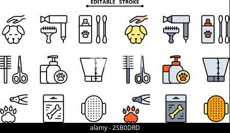 Pet grooming salon icons set. Editable stroke. Taking care of cats and dogs. Veterinarian services. Simple line vector icons for ui and ux, website or Stock Vector