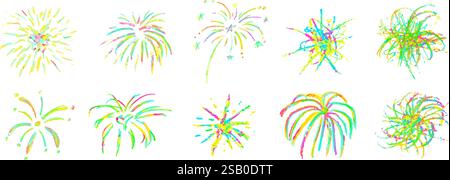 Firework set on white background. Crayon pencil drawing round geometric shapes and swirl. Neon color victory signs collection. Like kid painting hand Stock Vector