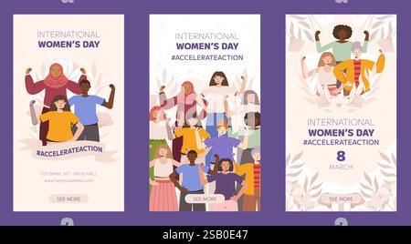 IWD 2025 Illustrated posters for International Women's Day featuring diverse women in empowering poses with floral elements and motivational text. Fla Stock Vector