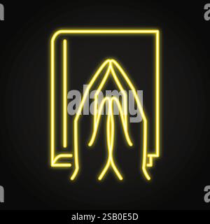 Praying hands over holy book neon icon. Religion, faith in God. Vector illustration Stock Vector