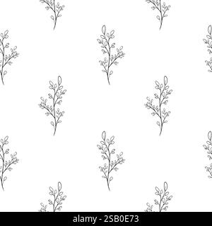 Seamless pattern of Doodle plants. Hand drawn leaves illustration in monochrome black and white colors. Floral background branches Outline print for Stock Vector