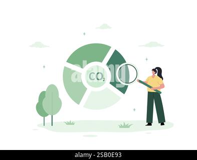 CO2 neutral. Net zero emissions and carbon dioxide balance. Eco industrial development concept. Female character with magnifier. Vector illustration Stock Vector